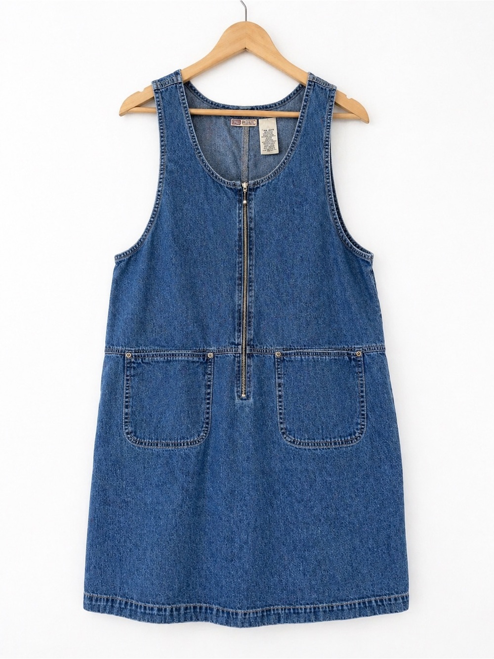 Vintage Faded Glory Denim Dress Large Zip Front Cotton Utility Pockets 90s Blue